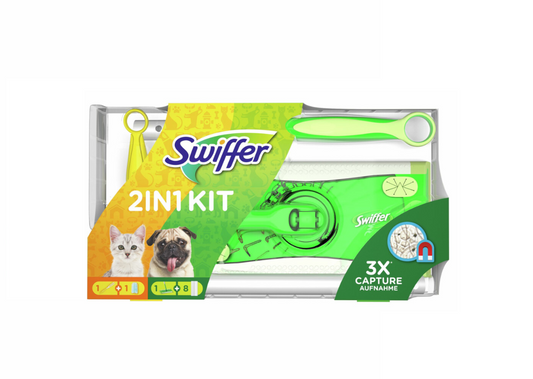 Swiffer Kit Bodenreiniger + trockene Bodentücher und Staubwedel + Nachfüller, ideal für Haustiere